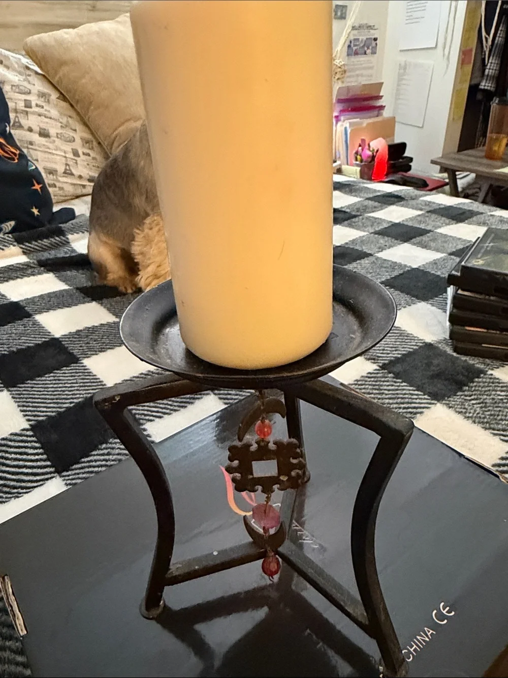 Rustic Black Metal Candle Holder with Ivory Pillar Candle